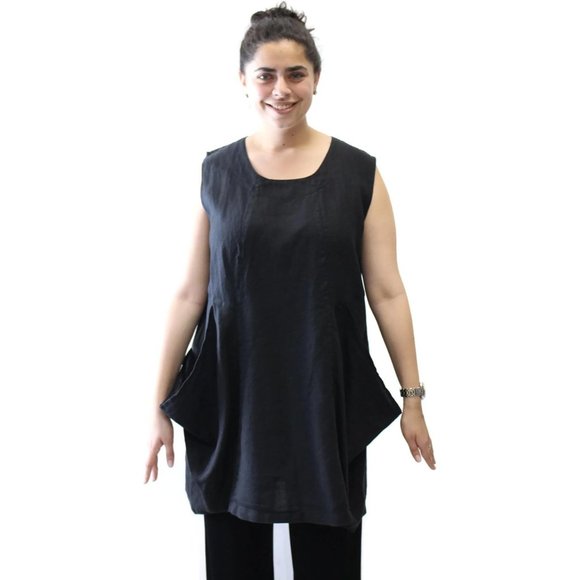 Mosaic USA Women's Big Pocket Sleeveless Linen Tunic  Black - Picture 5 of 6